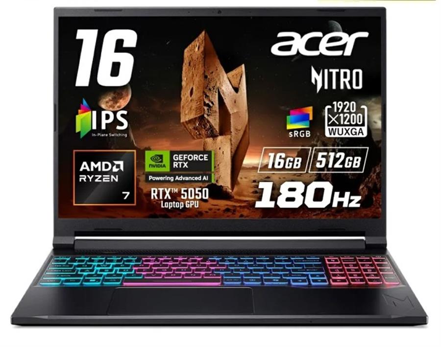 Notebook ACER NITRO 5 RYZEN AI 7 260, RTX 5050, 16Gb RAM DDR5, SSD NVMe 512Gb, 16" 180Hz