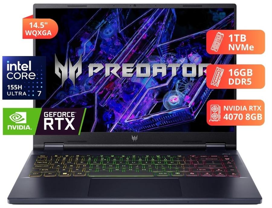 Notebook ACER PREDATOR HELIOS NEO INTEL ULTRA 7 155H, RTX 4070, 16Gb RAM DDR5, SSD NVMe 1Tb, 14" WQXGA 120Hz