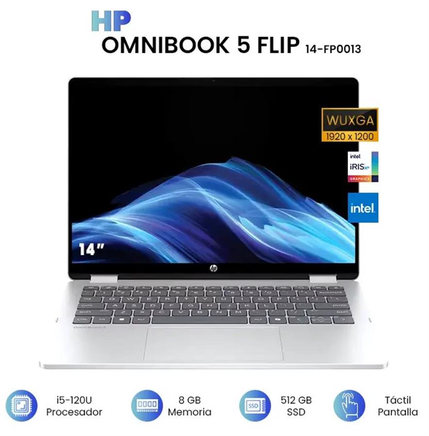 Notebook HP OMNIBOOK 5 FLIP INTEL CORE I5 120U, 8Gb RAM DDR5, SSD NVMe 512Gb, 14" FHD+ TOUCHSCREEN