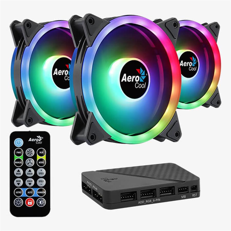 Pack Fan Cooler AeroCool 120mm Duo 12 Pro aRGB x3 + Controladora H66F HUB + Control Remoto
