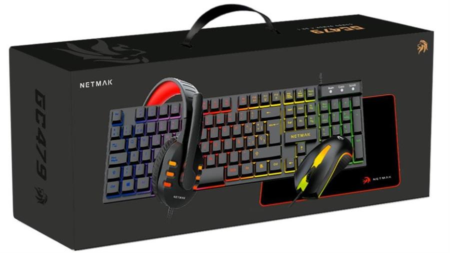 Kit Teclado, Mouse, Auriculares y Pad Combo NETMAK Gaming NM-GC479 Membrana 100% Wired
