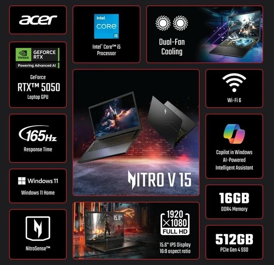 Notebook ACER NITRO 5 I5-13420H, RTX 5050, 16Gb RAM, SSD NVMe 512Gb, 15.6" 165Hz